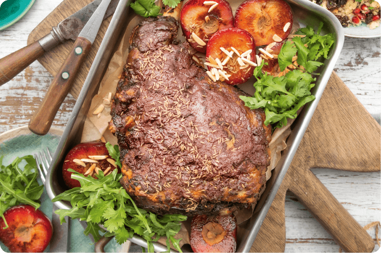 Moroccan Spiced Roasted Lamb Leg with Plums